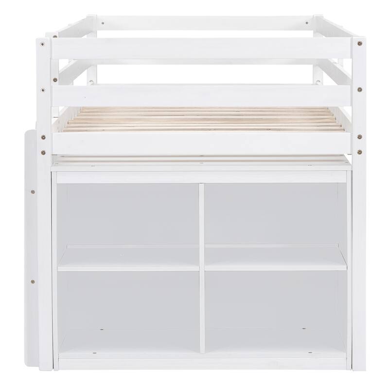 Twin/Full Size Low Loft Bed with Retractable Writing Desk and 4 Drawers, Wooden Loft Bed Frame w/ Lateral Portable Desk & Ladder
