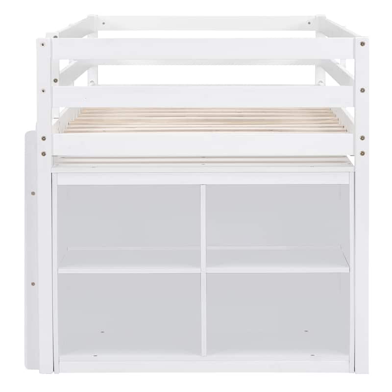Twin Size Loft Bed with Retractable Writing Desk and 4 Drawers, Wooden Loft Bed with Lateral Portable Desk and Shelves