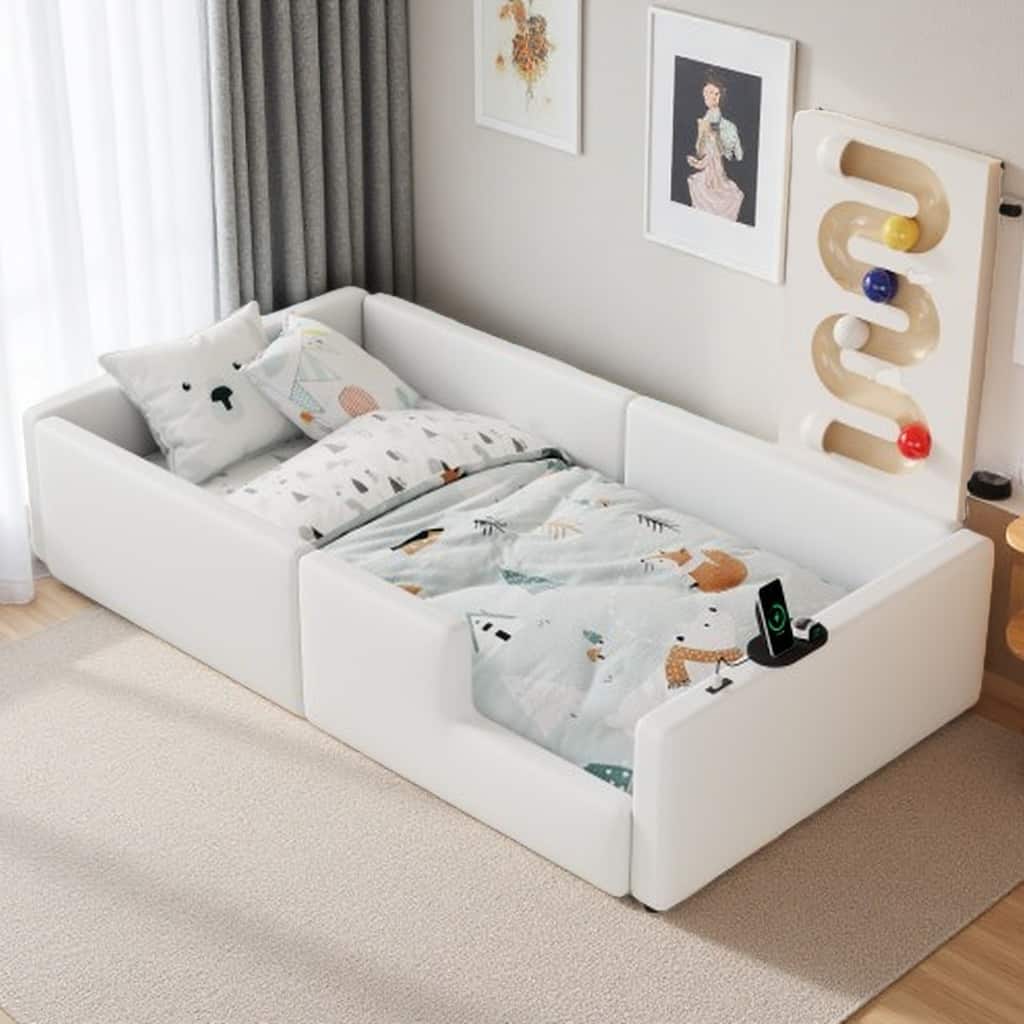 Twin Upholstered Platform Bed with Full-Length Guardrails, Charging Station, USB & Type-C Ports