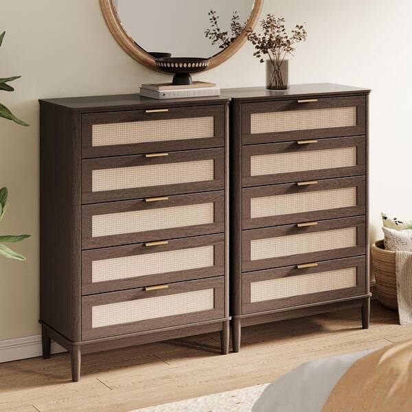 Rattan Dresser with 5 Drawers, 46 Inch Tall Chest, Mid Century Modern Design, TV Stand with Metal Handle, Walnut - Bed Bath & Beyond - 43618237 Rattan Dresser with 5 Drawers, 46 Inch Tall Chest, Mid Century Modern Design, TV Stand with Metal Handle, Walnut - Bed Bath & Beyond - 43618237