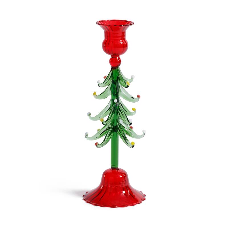 Holiday 9.25" Tall Tree Taper Candle Holders, Set of 4 - Red & Green