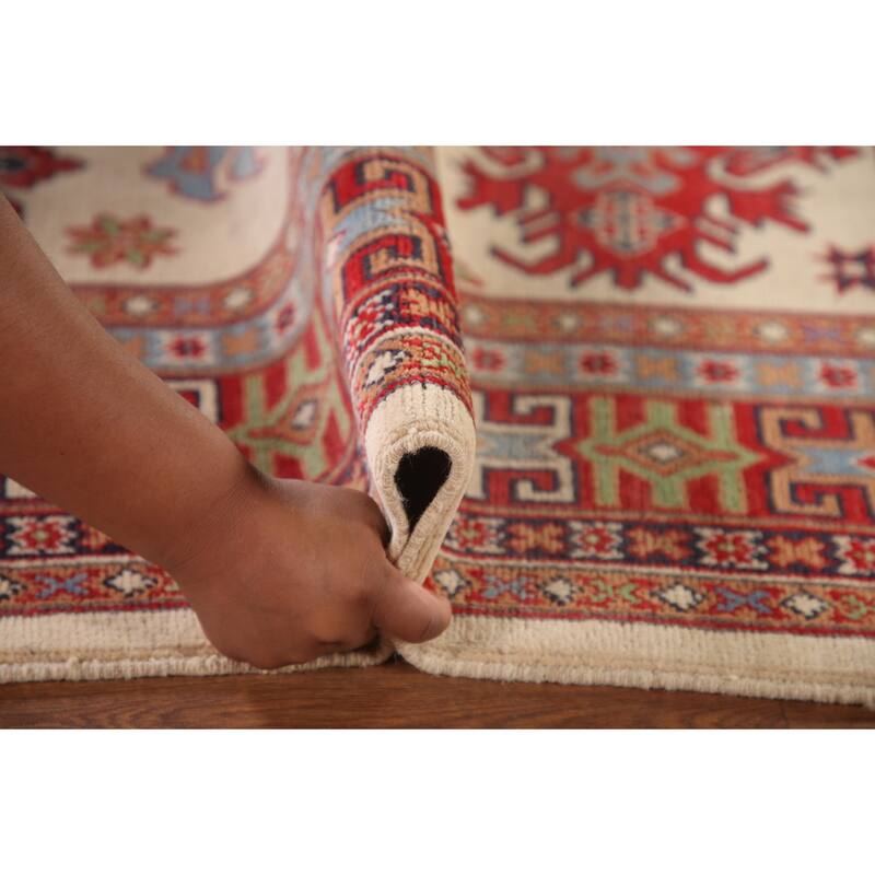 Ivory Geometric Kazak Area Rug Hand-Knotted Wool Carpet - 6'9" x 9'10"
