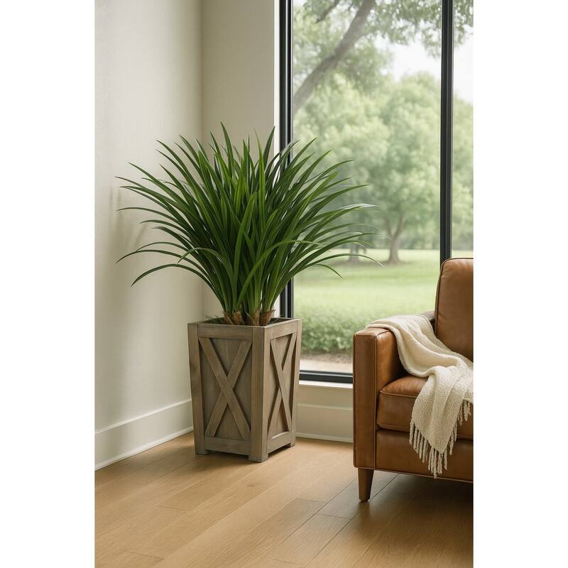 HomeStock Green Areca Grass in Weathered Wooden Planter Box - Decorative Faux Grass for Rustic Flair - 33