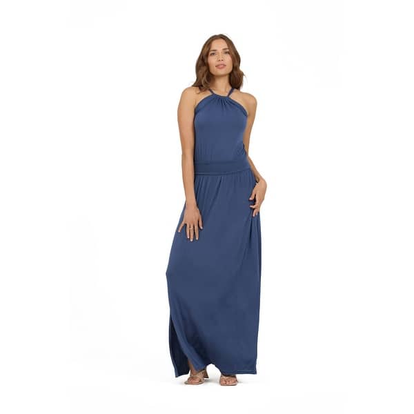 slim fit dress slacks Halter Red Pleared Long Bridesmaid Dress with Slit – FancyVestido main image 0