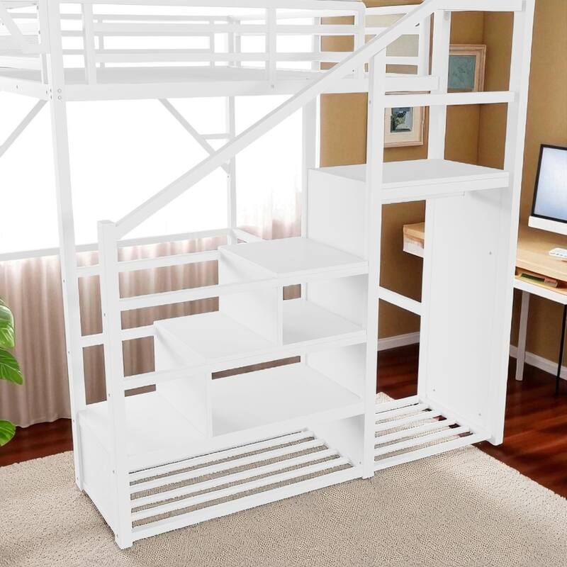 Full/Queen Metal Loft Bed with Stairs, Wardrobe, Mesh Shelf, White, 54.3 in Clearance, Guardrails, Kids Teens