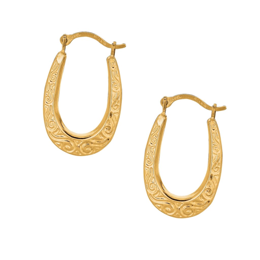 Curata 10k Yellow Gold 18mm Textured Scroll Small Oval Hoop Earrings