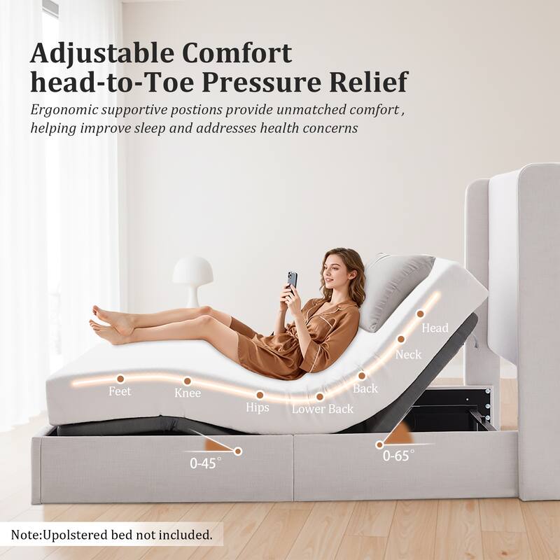 Queen Upholstered Wingback Bed with Adjustable Base, Ivory Chenille, Head & Foot Incline, Zero Gravity, Massage, App & Remote