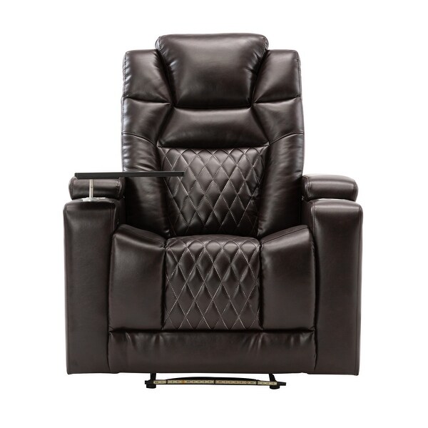 Brown PU Leather Power Recliner with USB Charging Port and Swivel Tray Table, Hidden Arm Storage, Cup Holders