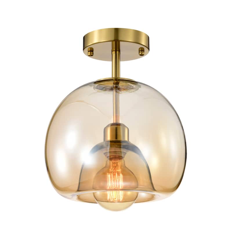 Mirka Brass Semi-Flush Mount Ceiling Lamp with Amber Impressed Glass Shade