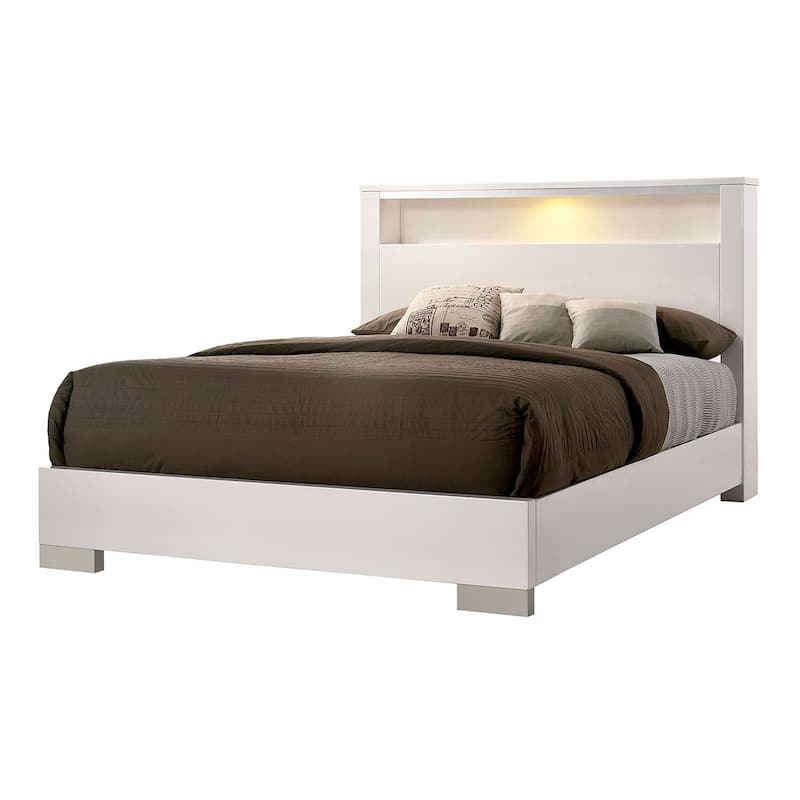 Cari Four Pc King Bedroom Set, LED Headboard with Shelf, White Wood, Chrome Stripes