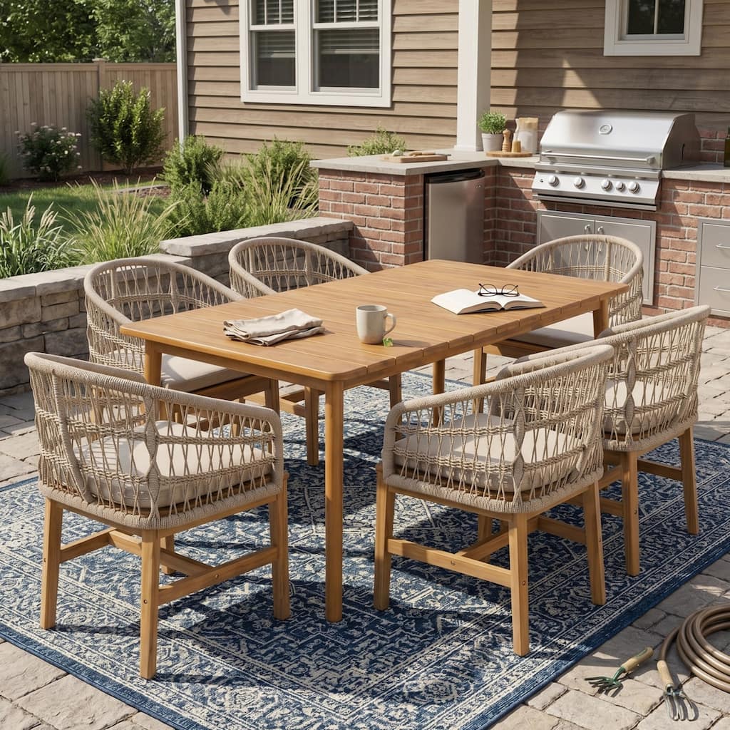 Christopher Knight Home - Laguna 7-Piece Outdoor Dining Set in Acacia Wood with Rope Woven Chairs and Beige Cushions