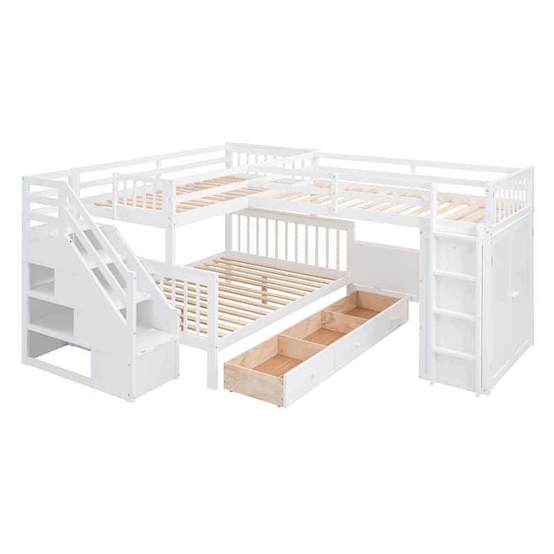L-Shaped Twin over Full Bunk Bed with Desk, Wardrobe & 3 Drawers