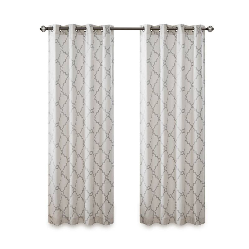 Fretwork Print Grommet Top Window Curtain Panel(Only 1 Pc Panel) - Ivory+Grey - 95 Inches