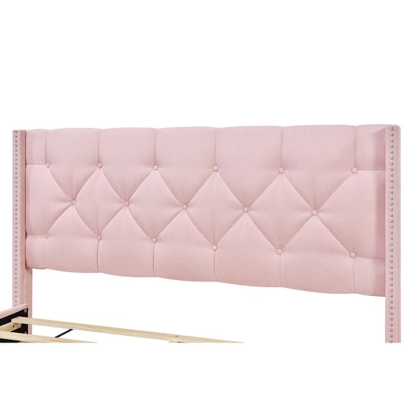 dimension image slide 0 of 2, Queen Size Upholstered Platform Bed with Padded Headboard and Two Storage Drawers