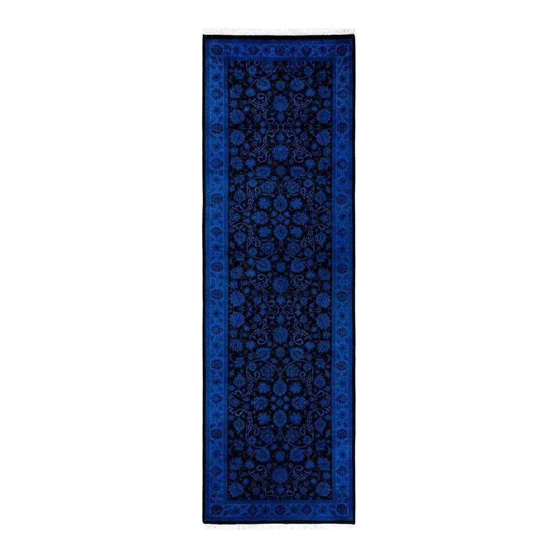 Overton Hand Knotted Wool Vintage Inspired Modern Contemporary Overdyed Blue Runner Rug - 2' 7" x 8' 7"