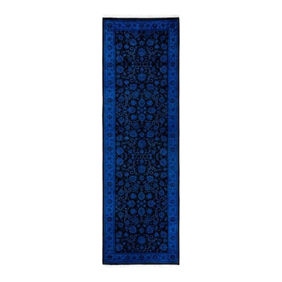 Overton Hand Knotted Wool Vintage Inspired Modern Contemporary Overdyed Blue Runner Rug - 2' 7" x 8' 7"