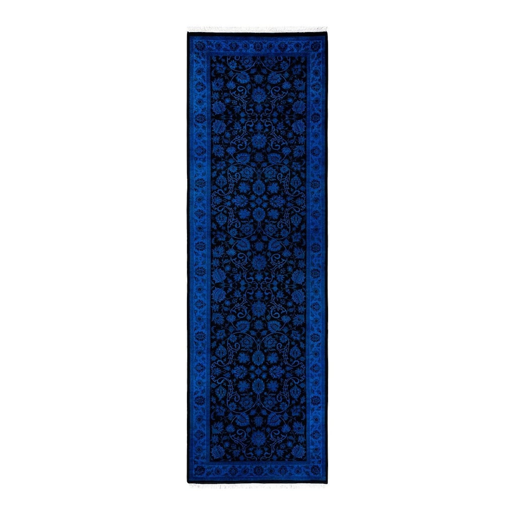 Overton Hand Knotted Wool Vintage Inspired Modern Contemporary Overdyed Blue Runner Rug - 2' 7" x 8' 7"