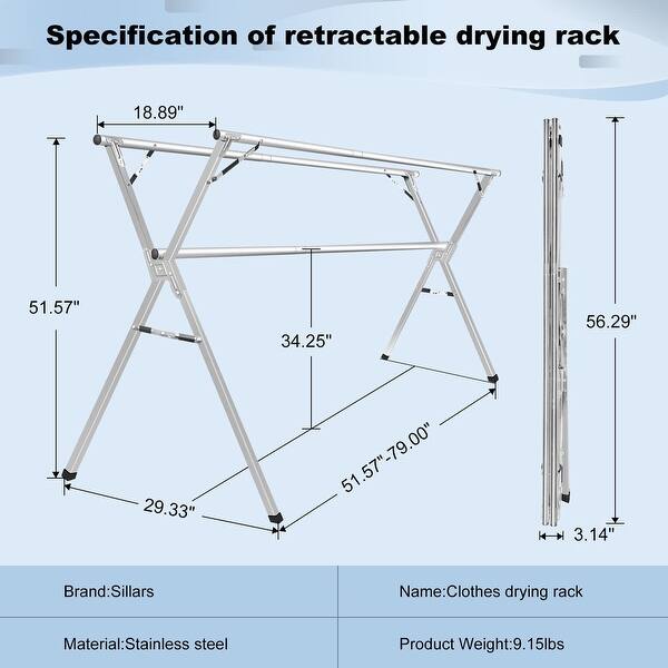 Sillars Clothes Drying Rack, Laundry Drying Rack Clothing Foldable & Collapsible Stainless Steel