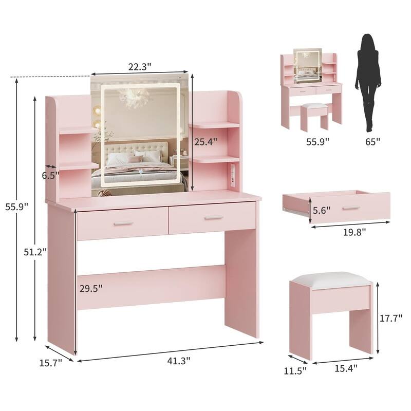Makeup Vanity Set with Mirror, Stool， Charging Station， 2 Drawers, 6 Shelves