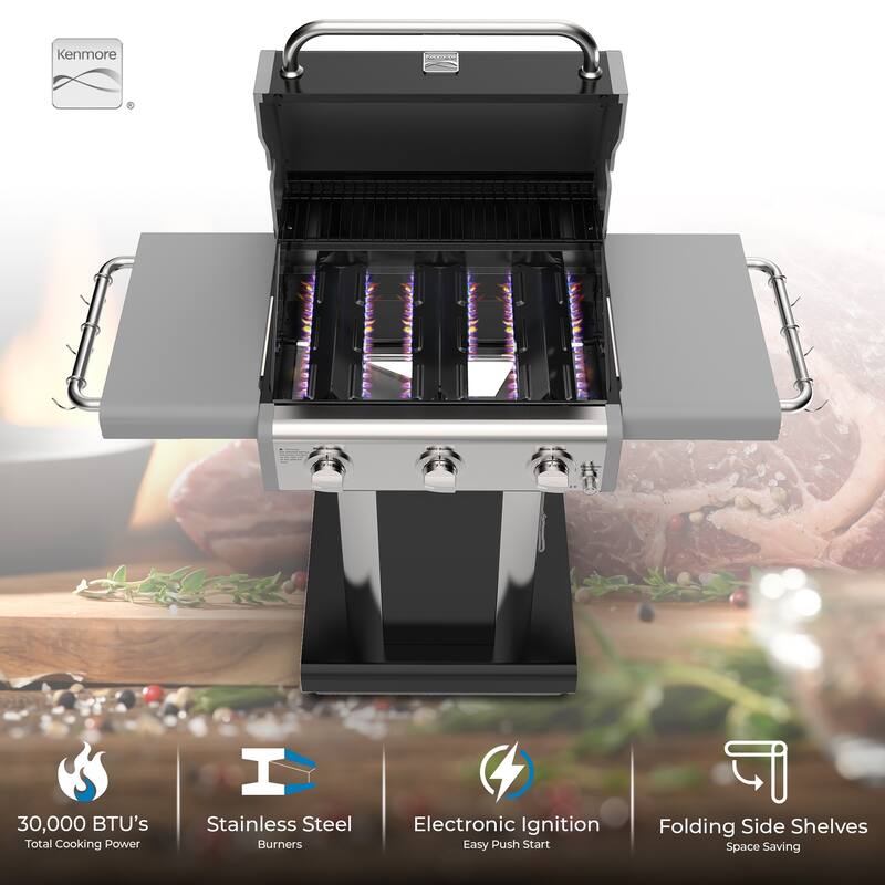 Kenmore 3-Burner Propane Gas Grill with Foldable Side Shelves