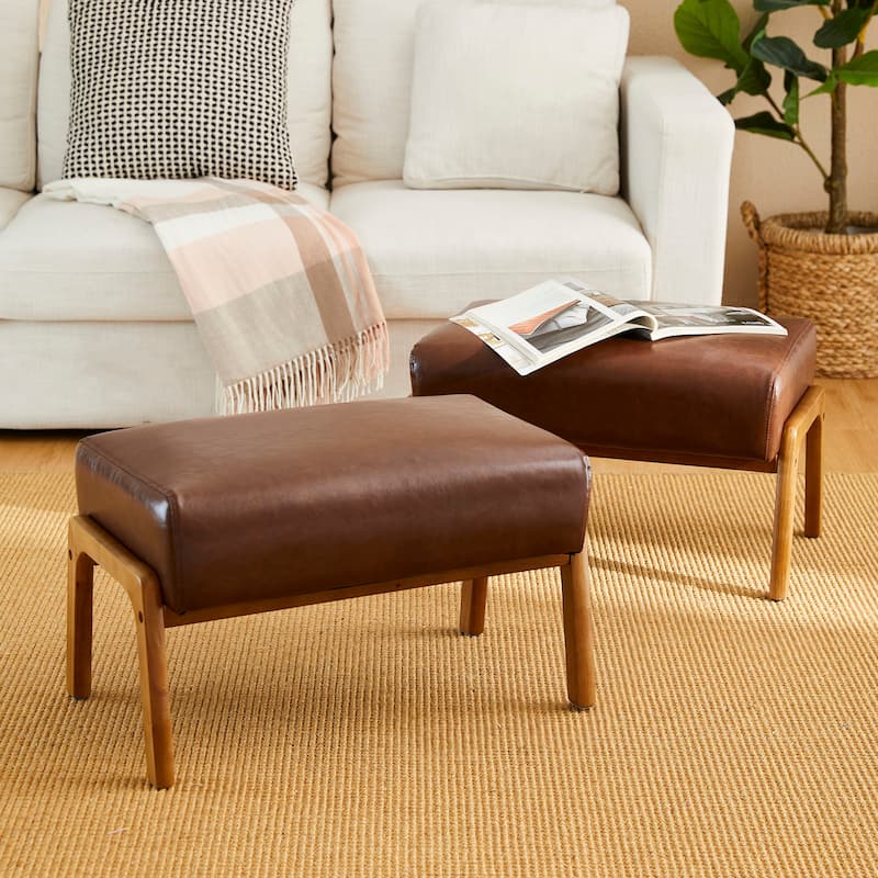 Glitzhome Set of 2 Mid-century Leatherette Ottoman Accent Stools - Brown