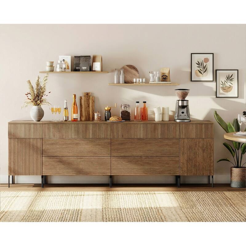 94.5" Wooden Reeded Sideboard With Built-In Charging Station, 4-In-1 Modern Credenza - Walnut