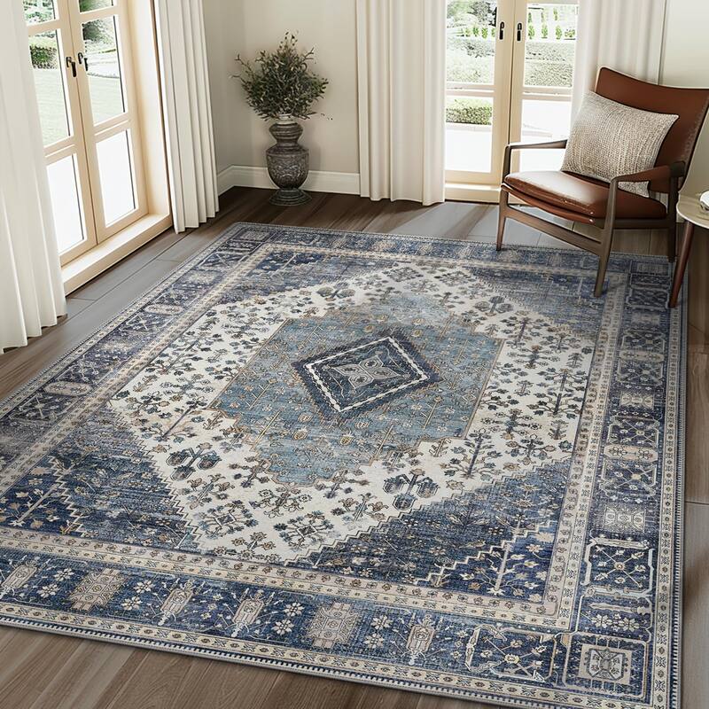 Mcow Faded Floral Vintage Low-Pile Machine Washable Non-Slip Area Rug - 5'X7' - Blue - Rectangle