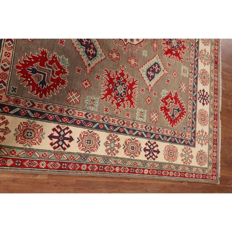 Brown Geometric Kazak Oriental Square Rug Hand-Knotted Wool Carpet - 6'8" x 6'5"