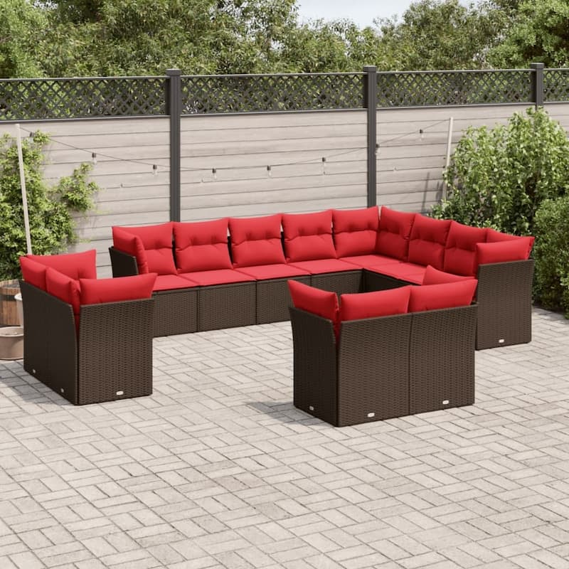 vidaXL Patio Sofa Set with Cushions Outdoor Conversation Furniture Poly Rattan - 21.7" x 24.4" x 27.2" - Brown and red without table
