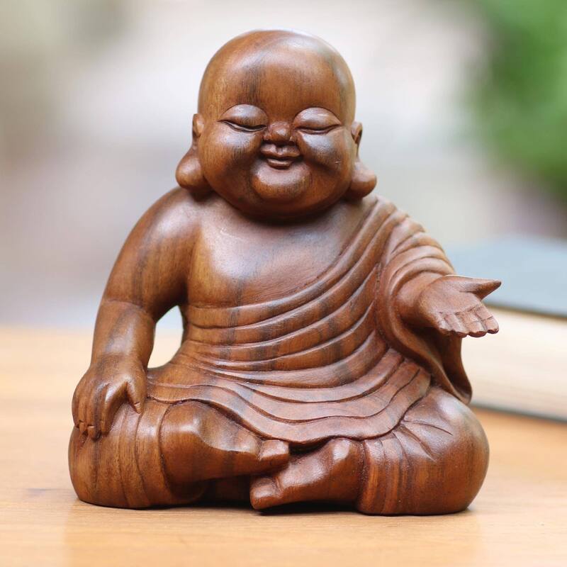 Novica Handmade Tranquil Buddha Wood Sculpture - 6.25" H x 5.5" W x 3.5" D
