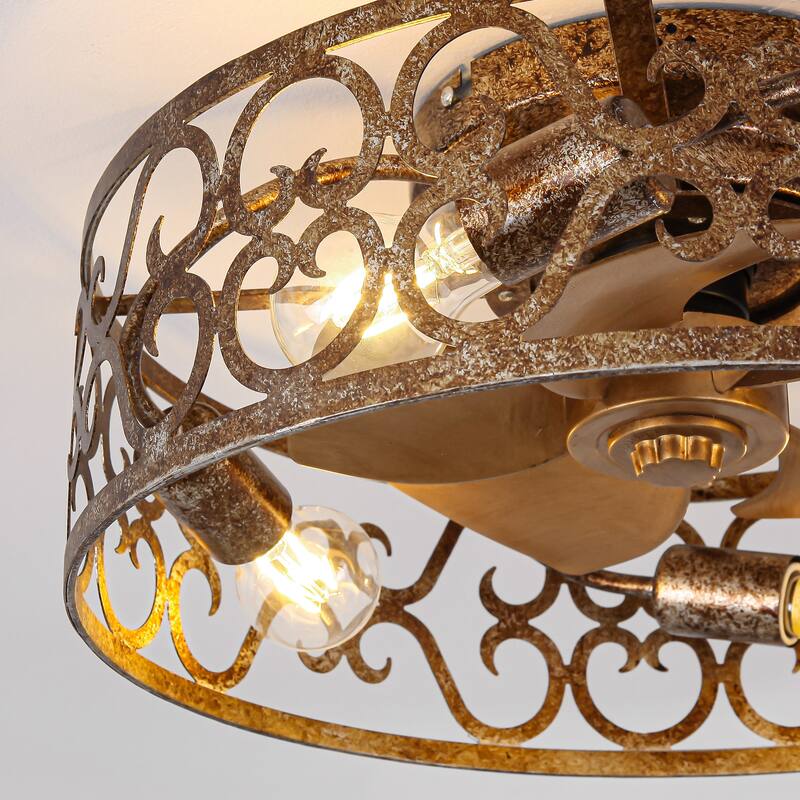 18-inch Rustic Gold Metal Caged Flush Low Profile Celing Fan with Remote and APP Control