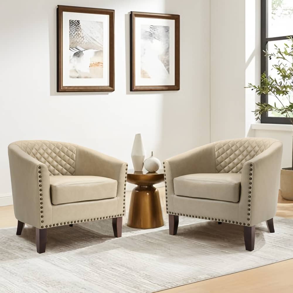 2 Set 29" W Vegan Leather Barrel Accent Chairs with Nailheads Trim