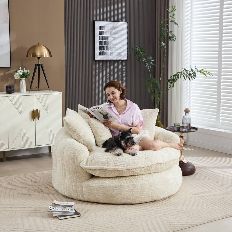 55" Modern Long Polyester Foam Round Bean Bag Sofa Chair with Pillows - Beige