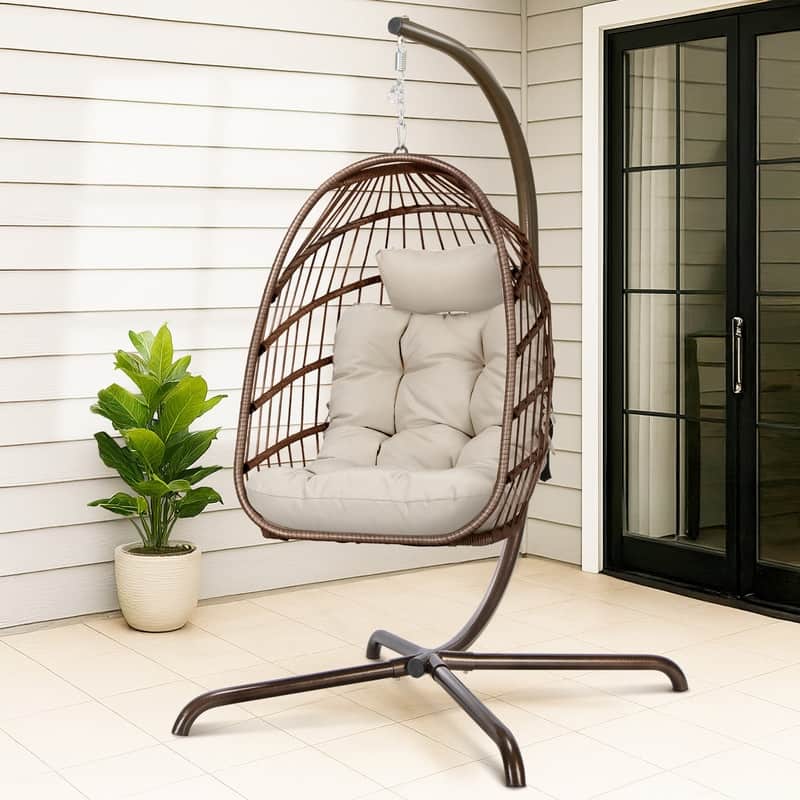 FINCATI Outdoor Oversized Luxury Hanging Egg Chair with Stand, 350 lbs Indoor Egg Swing Chair with Stand, Egg Chair Outdoor - Brown