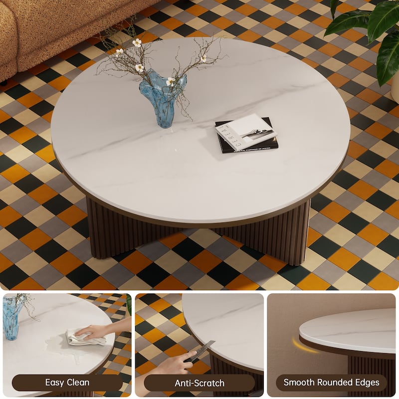 35" Round Coffee Table with Sintered Stone Top and Vertical-Groove Column Base for Living Room