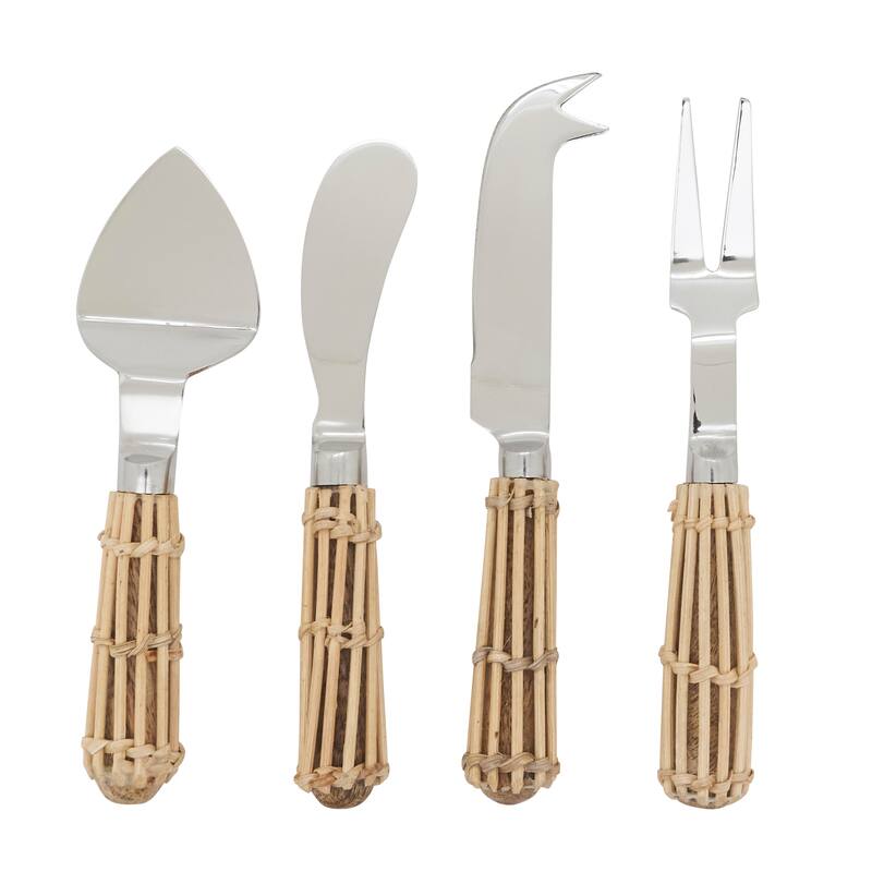 Wicker Handle Cheese Knife Set - Stainless Steel Entertaining Tools for Cheese Boards & Appetizers - 4 Piece