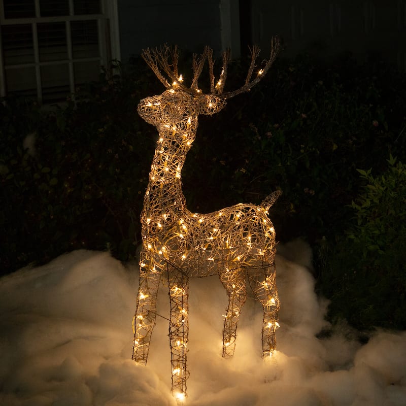 Alpine Corporation Standing Rattan Reindeer Decoration with White Halogen Lights - 24"L x 10"W x 49"H