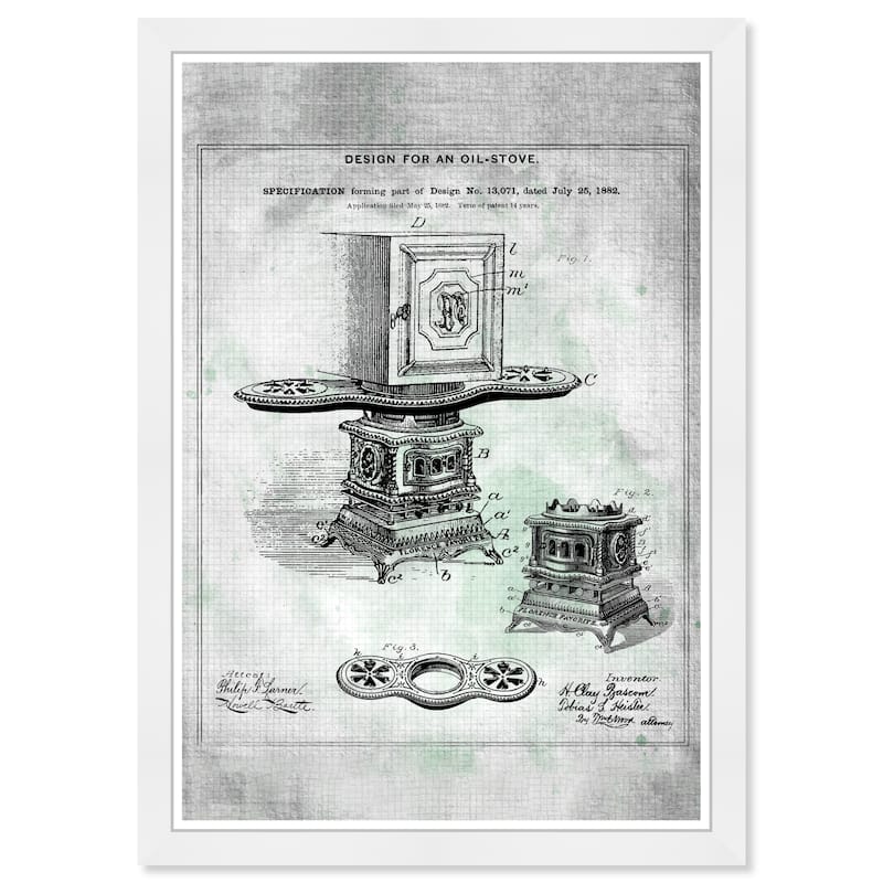Wynwood Studio Prints Food and Cuisine Design for an Oil-Stove 1882 Black and Off-white Industrial Wall Art Canvas Print