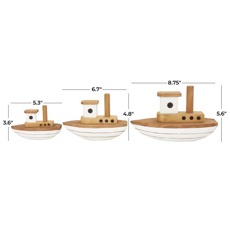 Wood Boat Handmade Sculpture with White Accents - Set of 3 Brown - Roche River Decor - 4"W x 9"L x 6"H