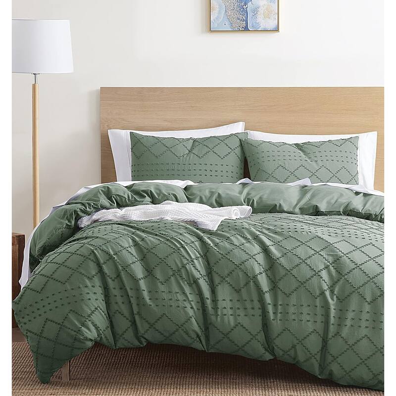 Empyrean Bedding Tufted Duvet Cover Set with Quilted Down Alternative Comforter Insert - Green - Diamond - King