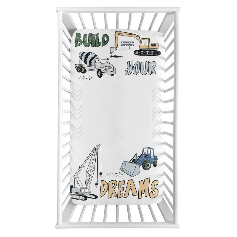 Construction Truck Collection Boy Photo Op Fitted Crib Sheet - Grey Yellow Black Blue and Green Transportation Chevron Arrow