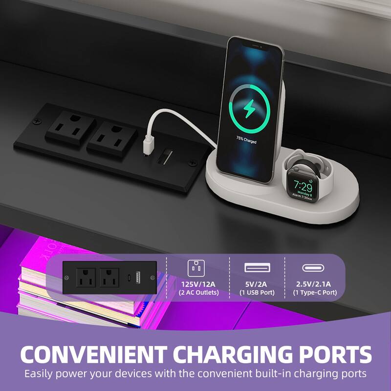 Black Farmhouse Bed Frame Upholstered Headboard Platform Bed with Charging Station