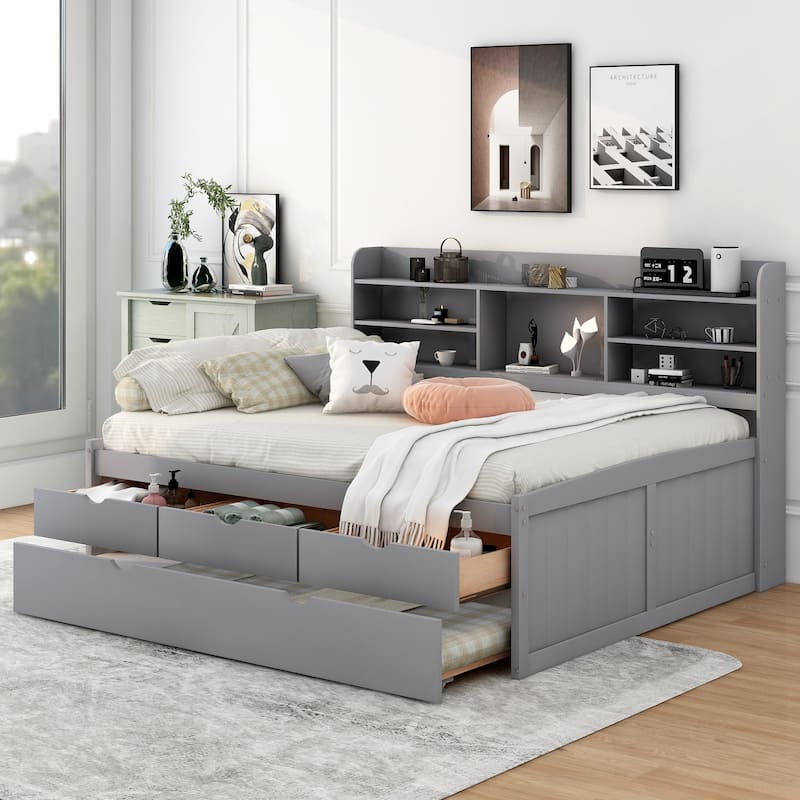 Full Size Wooden Captain Bed with Bookcase Headboard and Three Storage Drawers, Pull-out Trundle Frame for Bedroom - Grey