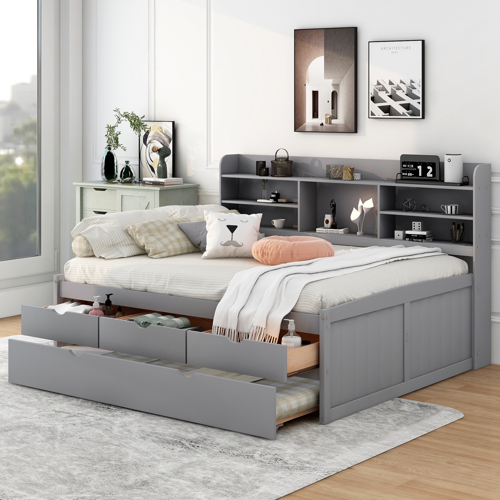 Light Gray Captain Bed with Built in Bookshelves Full Wooden