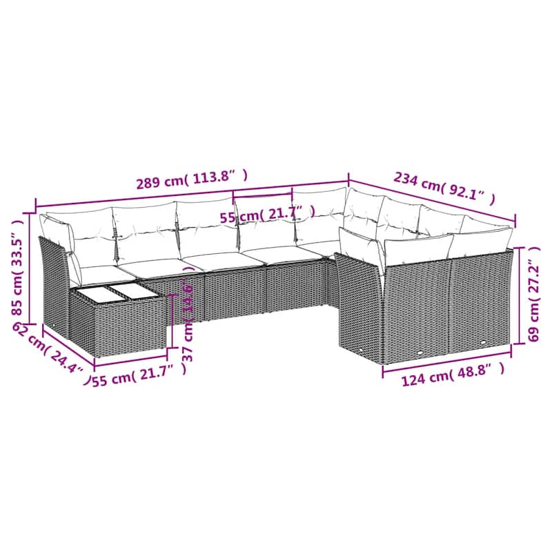 vidaXL Patio Sofa Set with Cushions Outdoor Furniture 10 Piece Poly Rattan - 21.7 x 21.7 x 14.6