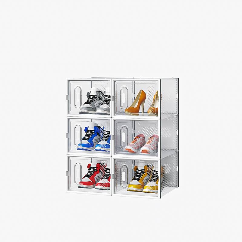 Set of 6 White Plastic Stackable Modular Shoe Storage Boxes with Breathable Mesh Design - 35 x 25 x 19 cm