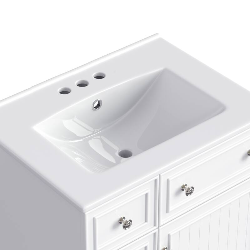 24" Bathroom Vanity Cabinet with Ceramic Sink, 2 Drawers & Door, White