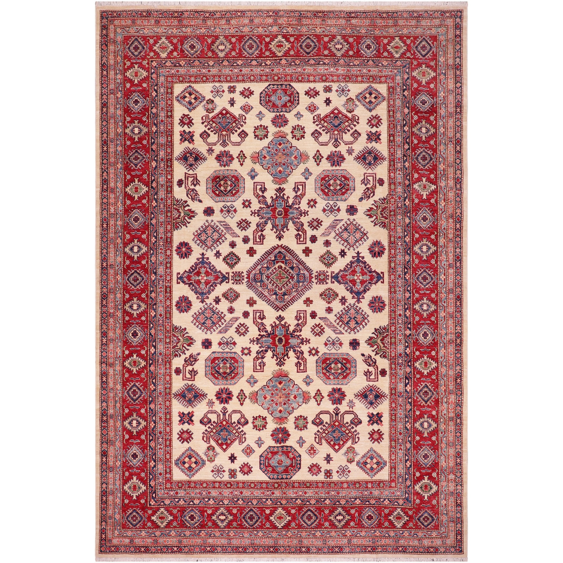 Rustic Super Kazak Zaira Beige/Red Hand Knotted Wool Rug - 8'1'' x 9'7''