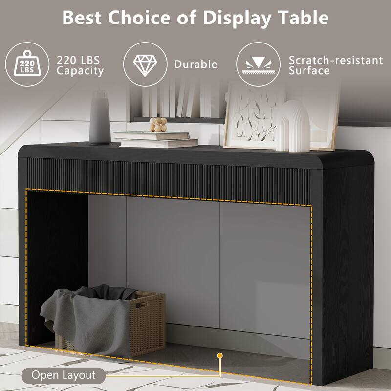 Console Table with 3 Fluted Drawers, Wood Entryway Table with Curved Edge Design, Accent Table with Adjustable Feet