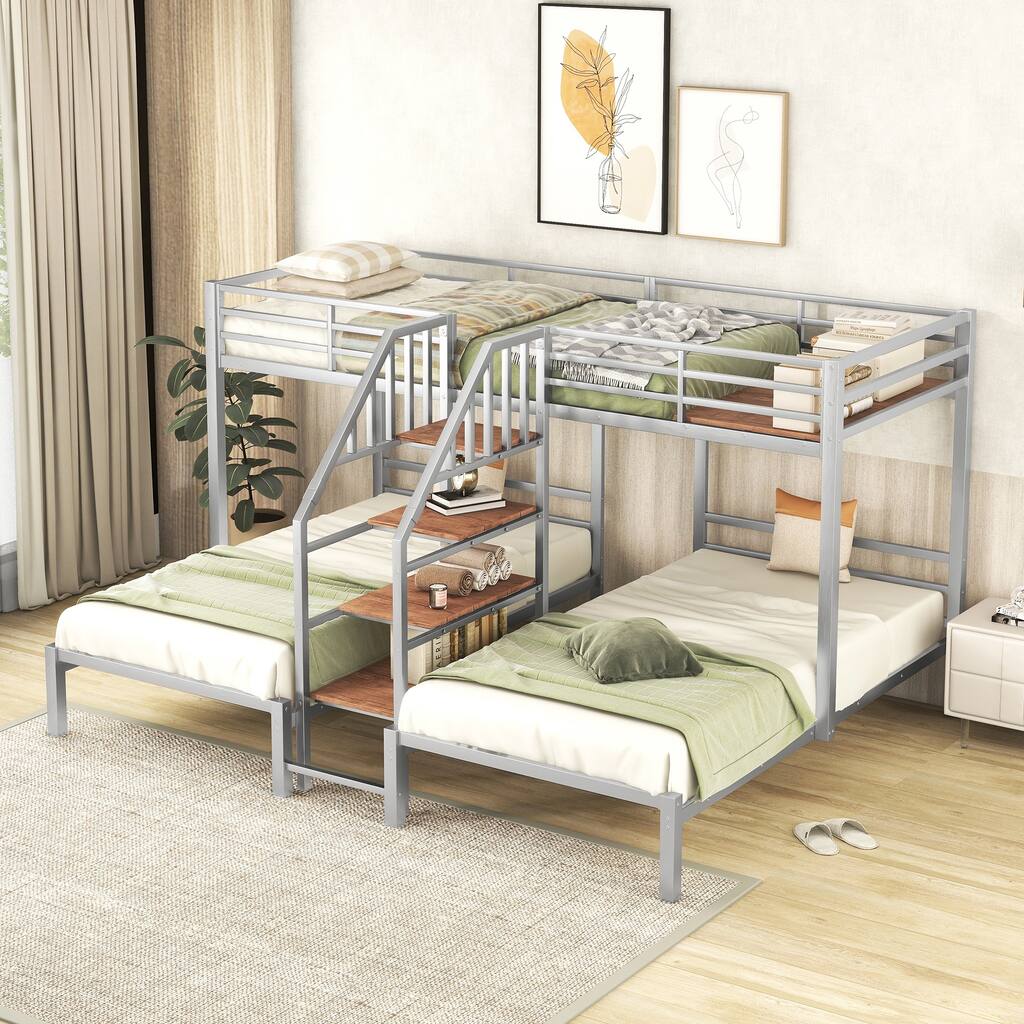 Metal Triple Bunk Bed with Built-in Shelves, Twin over Twin & Twin, No Box Spring Needed